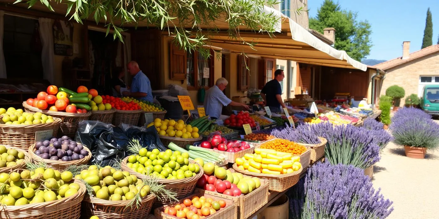 Marché provençal en Ardèche avec étals de fruits, légumes et produits locaux