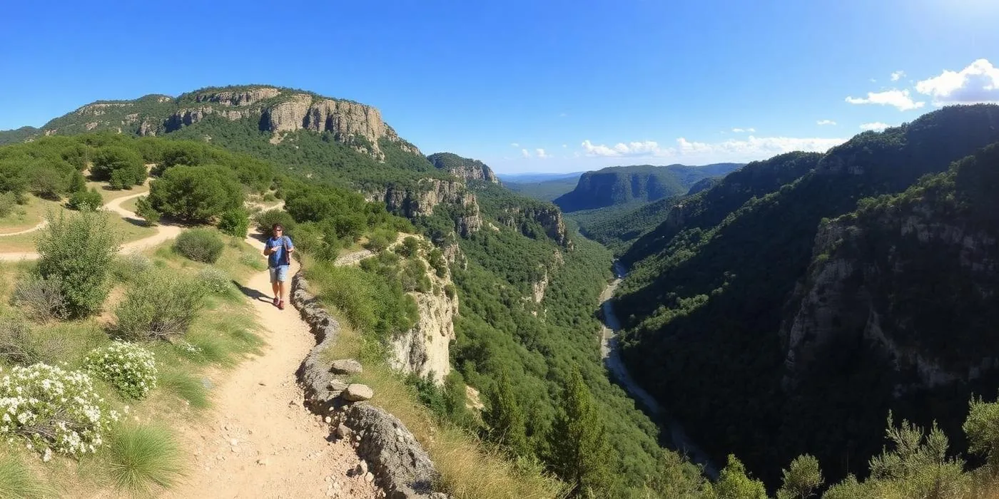 Sentier de randonnée dans les gorges de l'Ardèche, paysage de garrigue et falaises calcaires